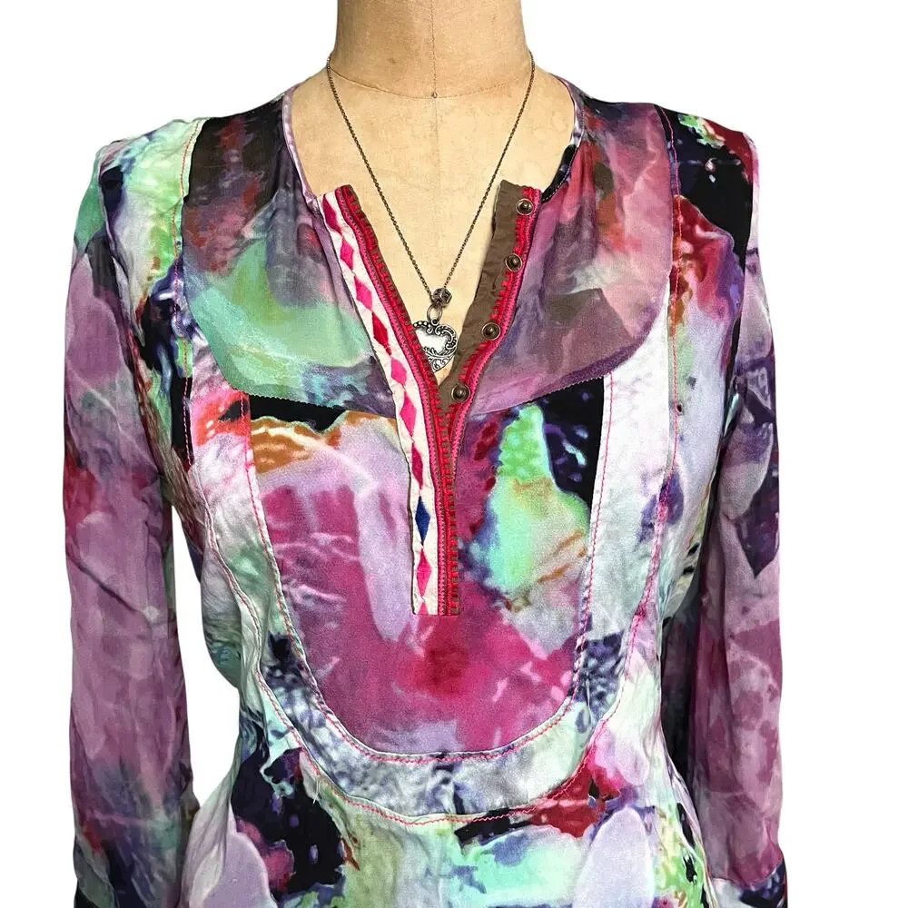 A Common Thread Silk Sheer Multicolor Retro Button‎ Up Blouse Size M - Picture 3 of 8